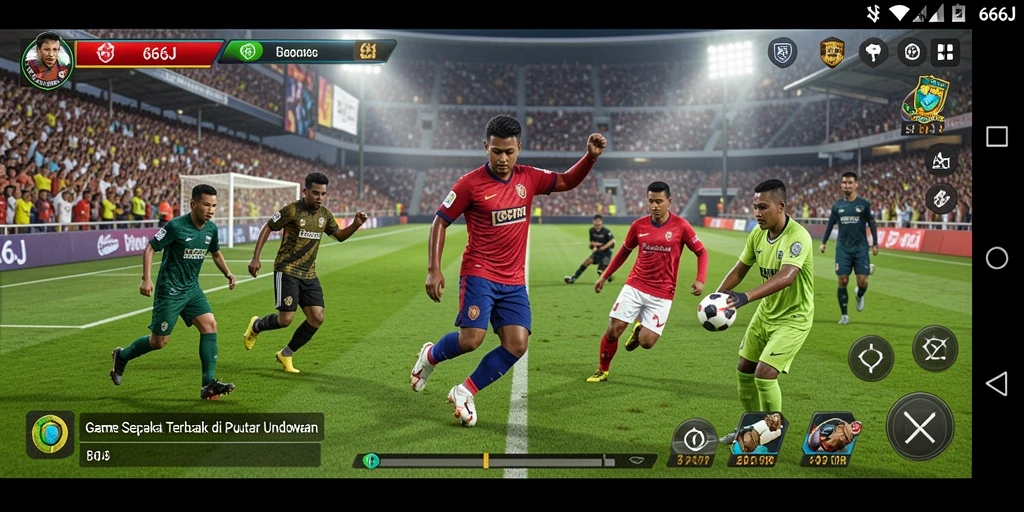 Screenshot utama 666J menampilkan aksi seru selama pertandingan sepak bola.