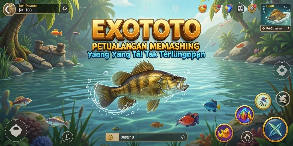 Screenshot EXOTOTO menampilkan gameplay memancing yang penuh warna dan dinamis.