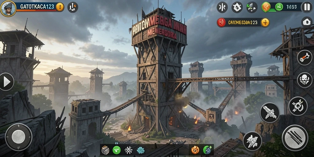 Screenshot gameplay menampilkan menara pertahanan yang penuh aksi.