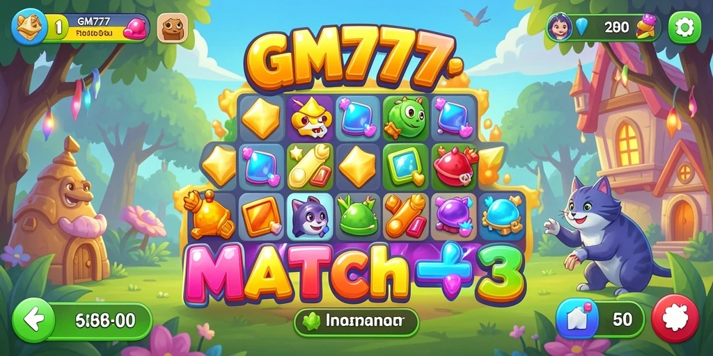 Menampilkan gameplay seru dari GM777 dengan elemen Match-3 yang menantang.