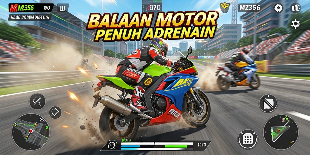 Gameplay mendebarkan dari MZ356 menunjukkan aksi balapan motor.