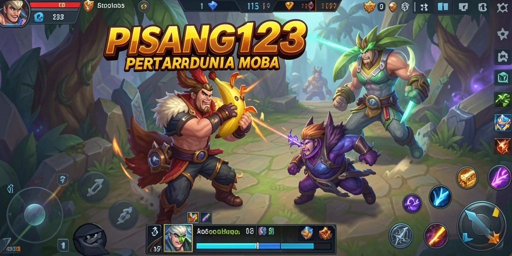 Menampilkan aksi seru dalam game MOBA PISANG123.